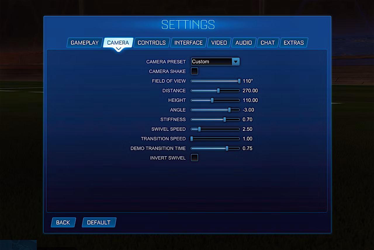 Blue screenshot of Camera settings