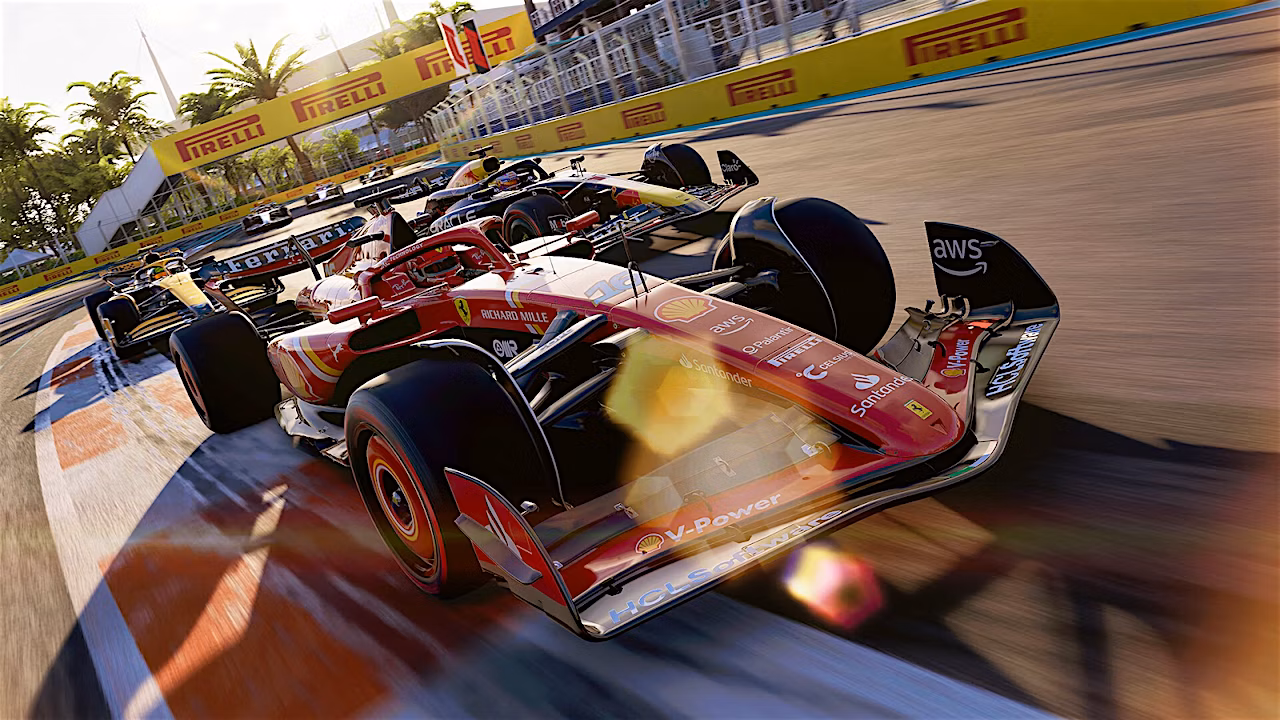 a closeup image of a red race car leading a race with 3 other cars lagging behind.
